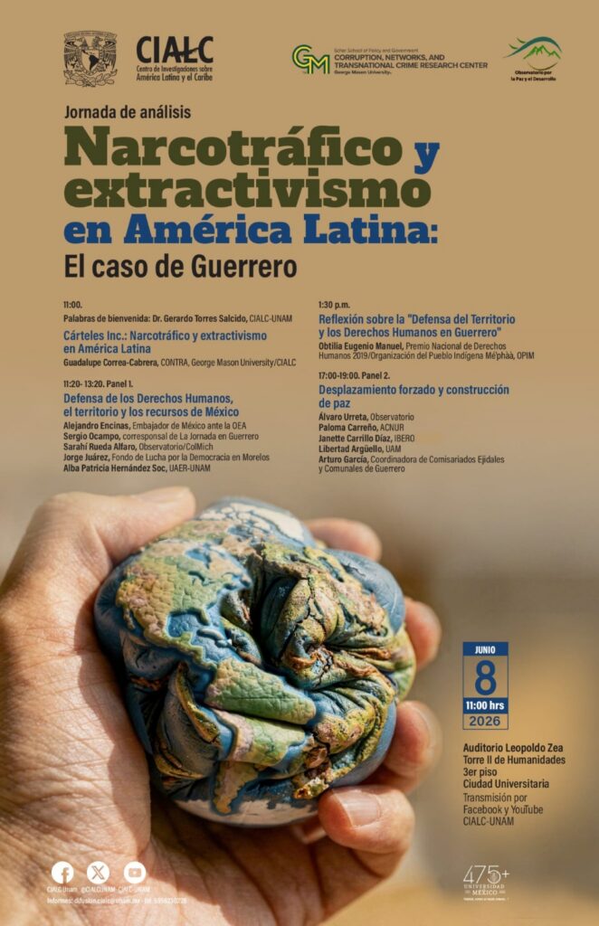 Promotional poster for a Spanish-language event titled "Jornada de análisis: Narcotráfico y extractivismo en América Latina: El caso de Guerrero."